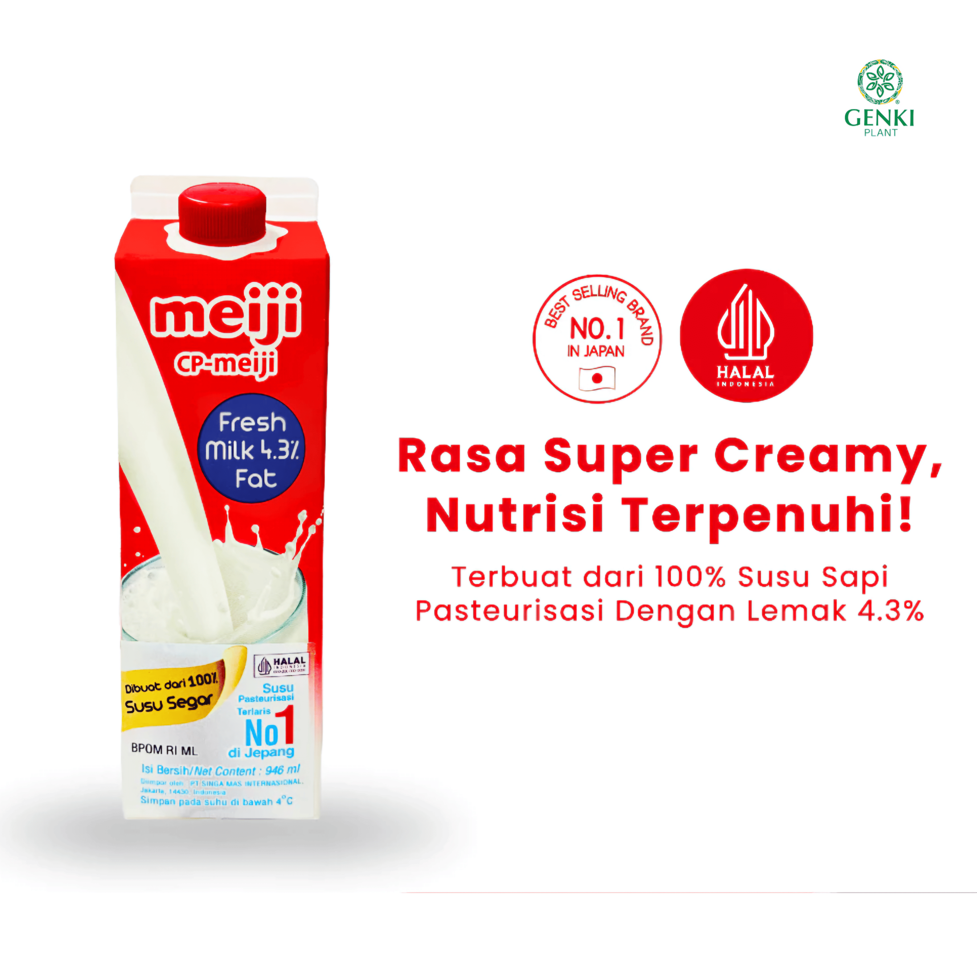 Meiji Deluxe Fresh Milk (4.3% Fat) / Susu Pasteurisasi Jepang - 946 ml thumbnail 2