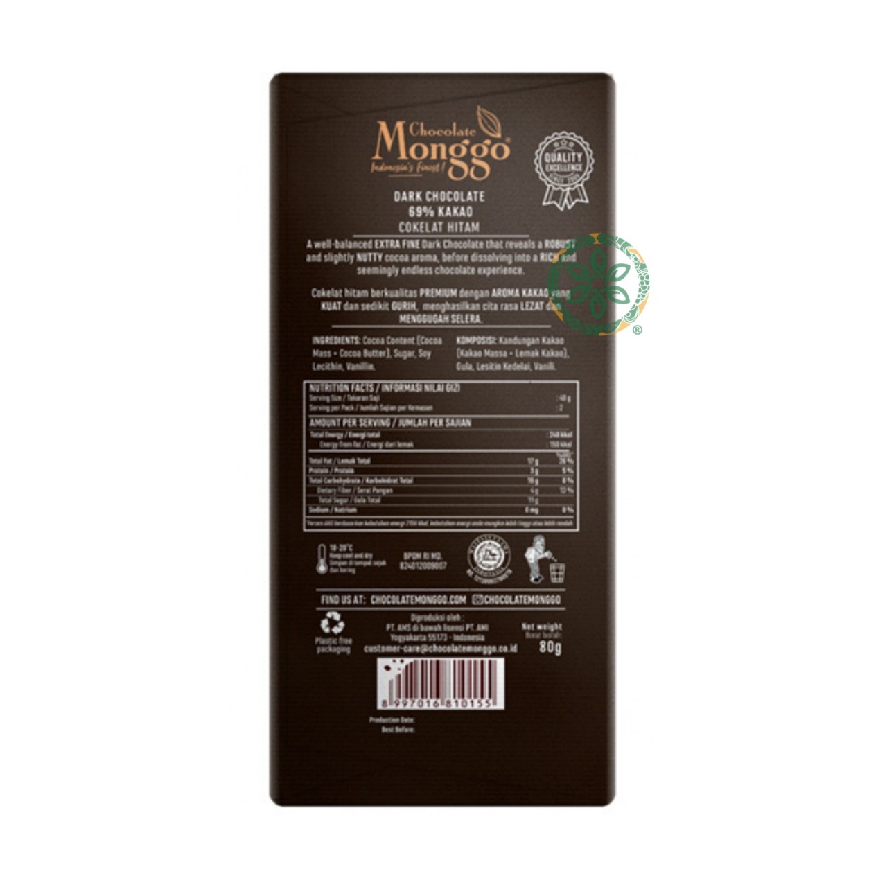 Chocolate Monggo Dark Chocolate 69% - 80 g thumbnail 2