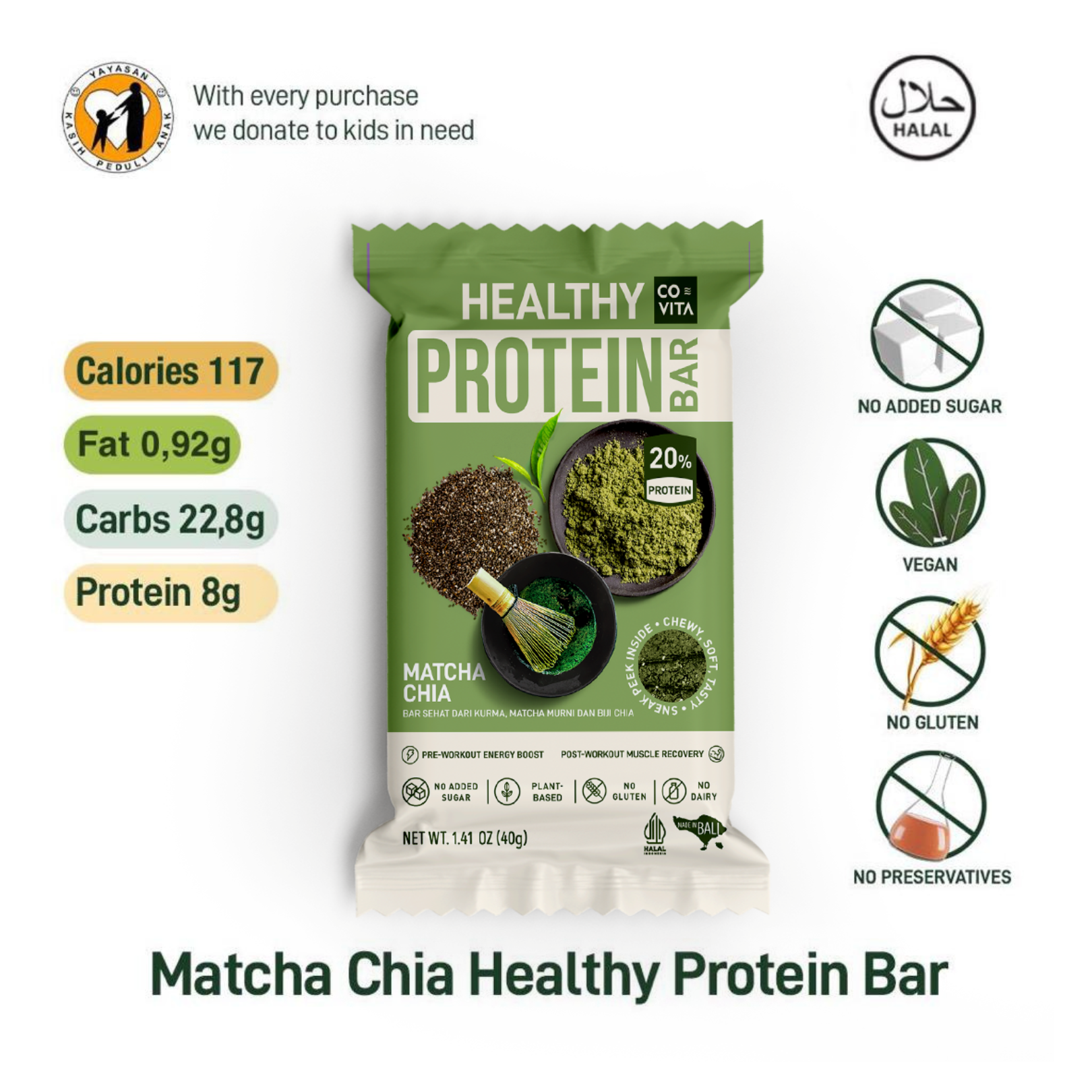 Covita Healthy Protein Bar Matcha Chia - 40 g
