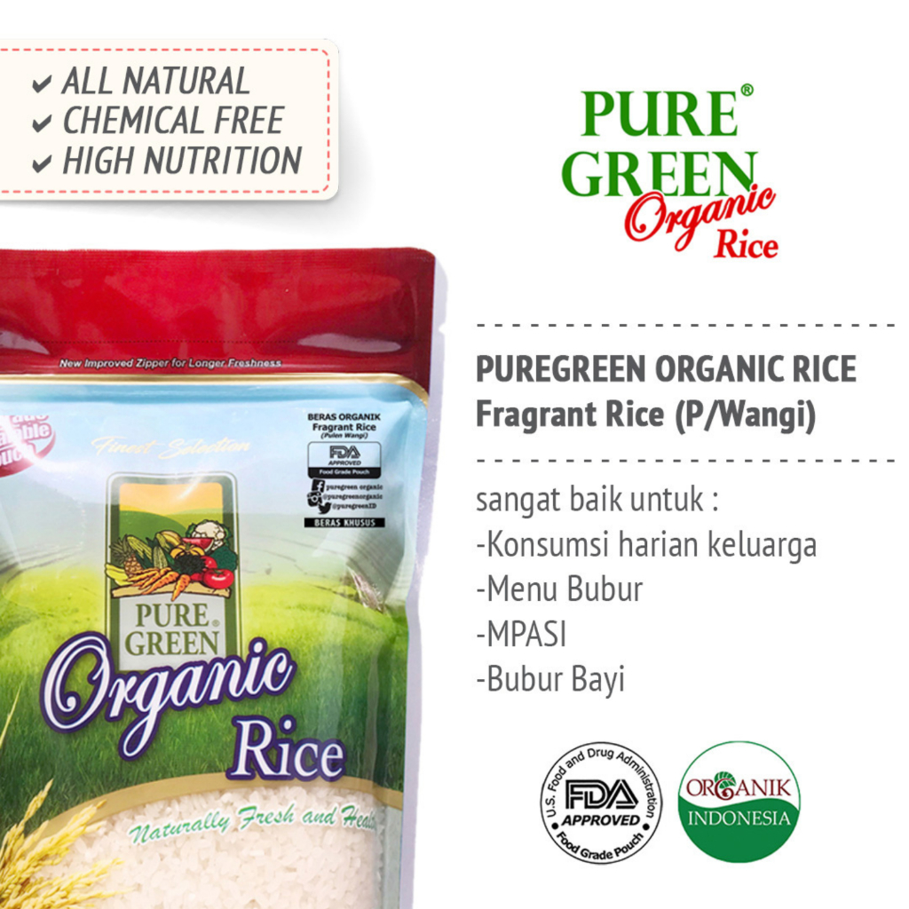 Pure Green Beras Putih Pulen Wangi Organik / Organic White Rice - 1 kg thumbnail 2